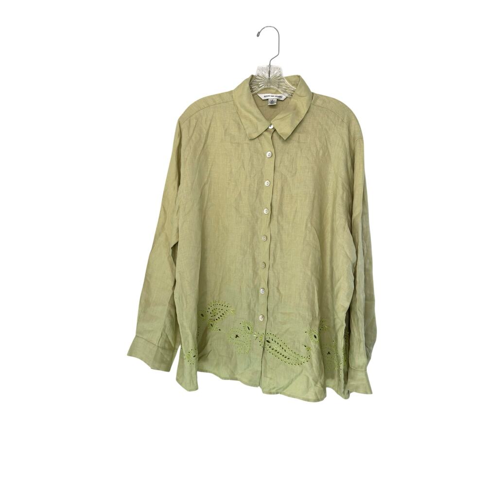 August Max Woman Green Relaxed Collared Lagenlook Long Sleeve Linen Blouse XL